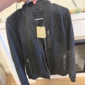 All Saints Gray Suede Bomber Jacket